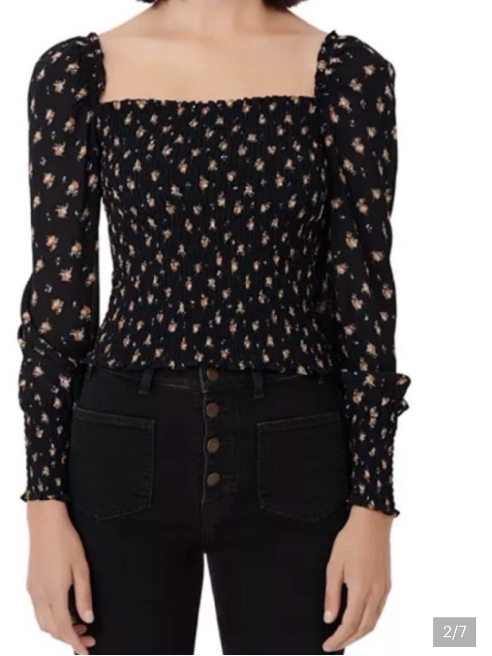 Maje Black Smocked Square-Neck Floral Puff-Sleeve Top